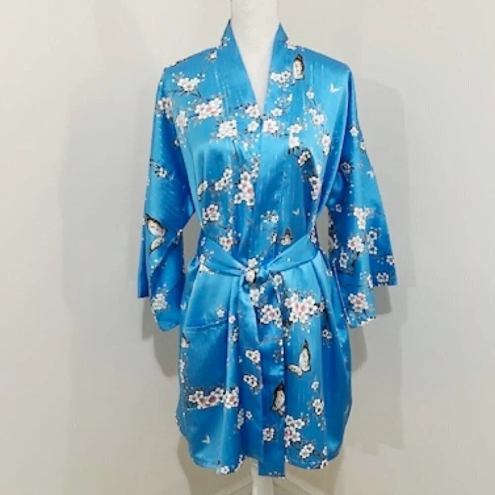 Marukyo Kyoto Tokyo Short Kimono Robe Blue Floral Butterfly Japanese Women's